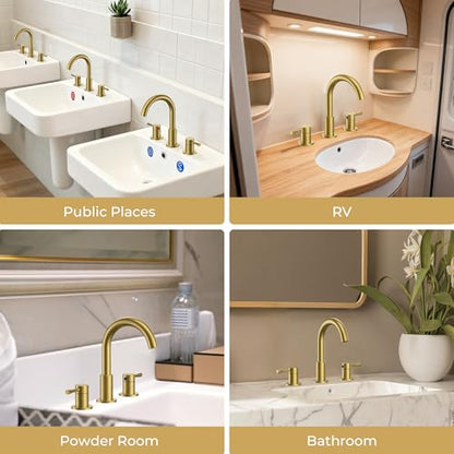 FORIOUS Bathroom Faucet 3 Hole, 360° Swivel 8 Inch Sink Faucet Brushed Gold | with Pop Up Drain, 2 Handles,for Sink Vanity RV Lavatory Farmhouse, 304 Stainless Steel, Lead-free, Leakproof - color: Brushed Gold