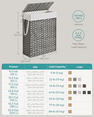 SONGMICS Slim Laundry Hamper with Lid, 14.5 Gallon (55L) Rattan Clothes Laundry Basket with Lid and Handles, Foldable, Removable Liner, Dove Gray ULCB164G01 - color: Dove Gray, size: 55 L