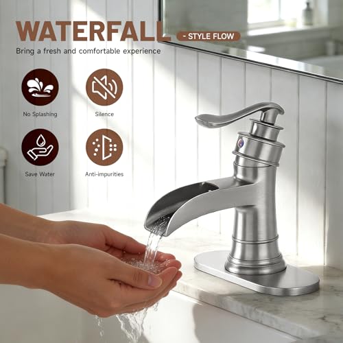 Brushed Nickel Waterfall Bathroom Faucet Single Handle 1 Hole | with Pop Up Drain Assembly & Water Supply Hose,Lead-Free Solid Brass,Farmhouse Faucet for Sink 1-3 Hole,Deck Mount - color: Brushed Nickel