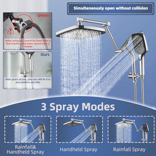 12" High Pressure Rain/Rainfall Shower Heads With Handheld Spray Combo (3+1 Settings & Built-in Power Wash Mode), Double/Dual Shower Head With Handheld - Height/Angle Adjustable(Polished Chrome) - color: Polished Chrome, size: 12 Inch