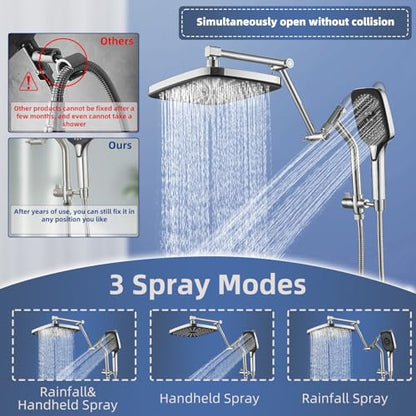12" High Pressure Rain/Rainfall Shower Heads With Handheld Spray Combo (3+1 Settings & Built-in Power Wash Mode), Double/Dual Shower Head With Handheld - Height/Angle Adjustable(Polished Chrome) - color: Polished Chrome, size: 12 Inch