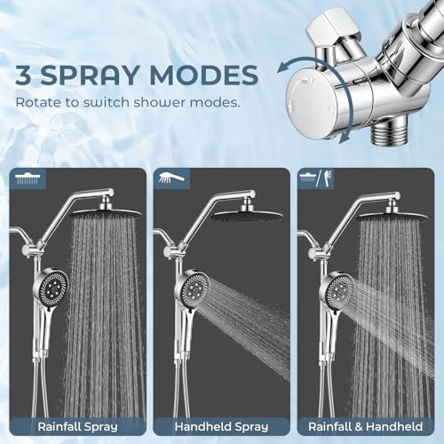 Shower Head with Handheld High Pressure Chrome, Adjustable Bar | No drilling required, Height-Adjustable, 9-inch rainfall head, silicone slide bar, 3-waydiverter, 59-inch hose, G1/2 fit - color: 1-Chrome