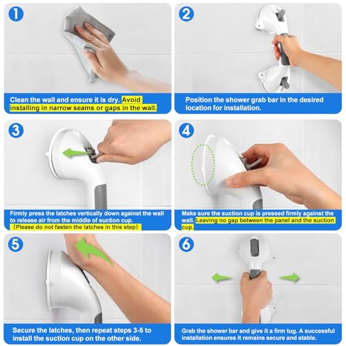 Suction Grab Bar with Safety Indicator for Bathtub Shower Bathroom, Heavy Duty Handrail Removable Reusable for Elderly Disabled and Kids, Anti-Slip Grip, No Drilling Tool Free, Waterproof Grey - size: 12'' 2 Pack