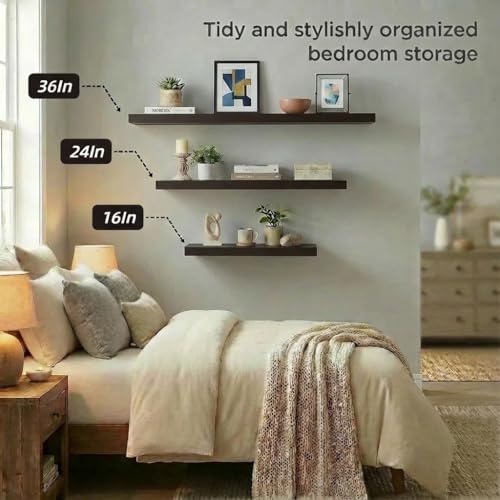 SAUMONIERES Floating Shelves Wall Shelf Solid Wood for Bathroom Bedroom Kitchen Set of 3, Espresso Wall Shelves - color: Espresso, size: 16 Inch-3 shelves