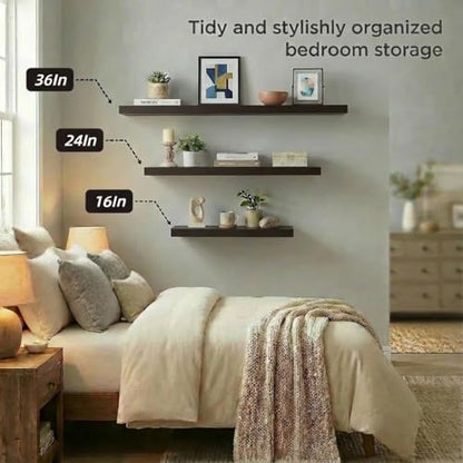 SAUMONIERES Floating Shelves Wall Shelf Solid Wood for Bathroom Bedroom Kitchen Set of 3, Espresso Wall Shelves - color: Espresso, size: 16 Inch-3 shelves