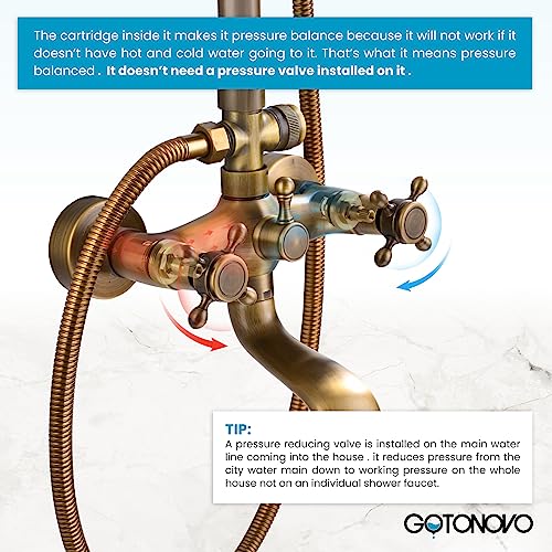 gotonovo Exposed Shower Faucet with Spout Antique Brass,Straight Pipe | Brass Bathroom Exposed Shower System,8’’ Rain Head,Swivel Tub Spout 2 Cross Handle,Adjustable Handheld Sprayer,Wall Mount - color: Antique Gold