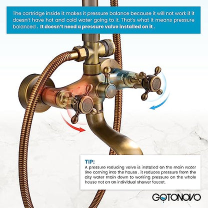 gotonovo Exposed Shower Faucet with Spout Antique Brass,Straight Pipe | Brass Bathroom Exposed Shower System,8’’ Rain Head,Swivel Tub Spout 2 Cross Handle,Adjustable Handheld Sprayer,Wall Mount - color: Antique Gold