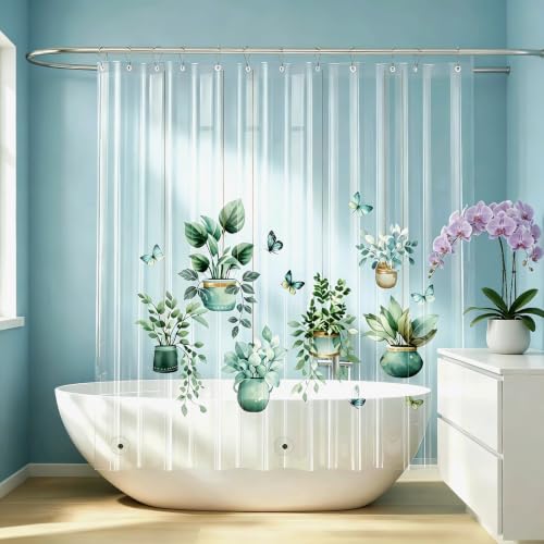 Clear Potted Plant Shower Curtain Liner, Green Plastic Transparent Pretty Shower Curtains for Bathroom, 72x72 Weighted Magnetic Shower Curtain Set with 12 Hooks - color: Clear Potted Plant, size: 72"W x 72"L (Pack of 1)