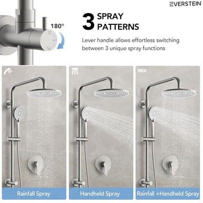 10 Inch High Pressure Rainfall Shower System with Slide Bar, Wall Mount Bathroom Round Shower Faucet Set with Valve, Brushed Nickel - color: Brushed Nickel