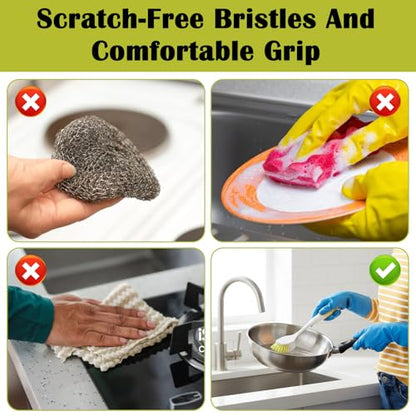 16 Pcs Yellow Kitchen Scrub Dish Brush Bulk with 11.8 Inch Handle Cleaning Dish Scrubber with Stiff Bristles Washing Scrub Brushes for Housekeeping for Pots and Pans, Kitchen Sink