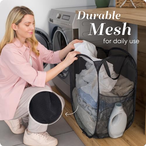 Handy Laundry Collapsible Mesh Pop Up Hamper with Wide Opening and Side Pocket - Breathable, Sturdy, Foldable, and Space-Saving Design for Clothes and Storage (Black) - color: Black