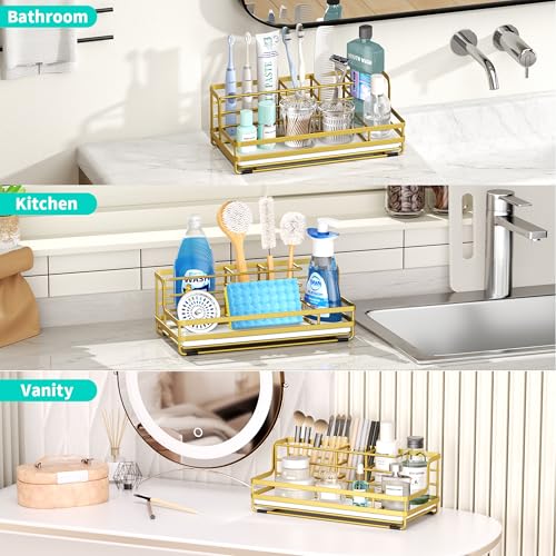 HapiRm Toothbrush Holders for Bathroom - 5 Partitions Bathroom Counter Organizer with Instant Drying Stone, Stainless Steel Countertop Storage Electric Toothbrush Toothpaste Holder - Gold - color: Gold