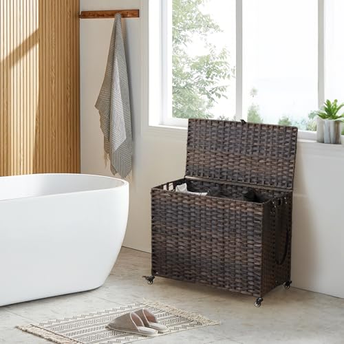 Laundry Hamper with Wheels, 52.8 Gallon(200L) Rolling Laundry Basket with Lid, Removable Large 3 Color Liners & 3 Mesh Laundry Bags, Clothes Hamper with Side Pocket, Brown - color: Brown, size: 31.5"L x 15.75"W x 25.6"H