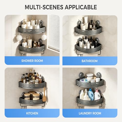 Lekesky Corner Shower Caddy Suction Cups, No Drilling Bathroom Shower Shelf | Aluminum, Rustproof, Suction Cup Can Remove and Reposition, Can hold up to 22 pounds, Also Can hold large shampoo bottles - color: Gunmetal Gray1