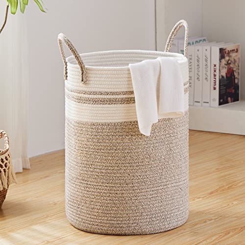 Large Laundry Hamper, Tall Woven Storage Basket for Blankets, Cotton Baby Nursery Hamper, Toys and Dirty Clothes in Bedroom and Living Room Organizing - 58L Brown & White - color: Brown & White, size: Tall(58L)