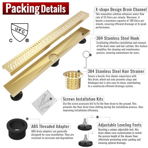 Linear Shower Drain, 32 inch Brushed Gold | Including Hair Catcher and Removable Grate, 304 Stainless Steel, Easy to Install and Clean (Drain Base Not Included) - color: Brushed Gold, size: 32 inch