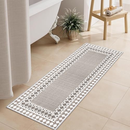 Bathroom Rugs Vintage Boho Bath Mats Light Grey Geometry Non Slip Bath Rug Comfy Velvet Washable Bath Mat Shower Rug for Bathroom Floor Sink Shower Vanity 18X47 Inch (Grey, 18X47 Inch) - color: Grey, size: 1'6" x 3'11" (Rectangular)