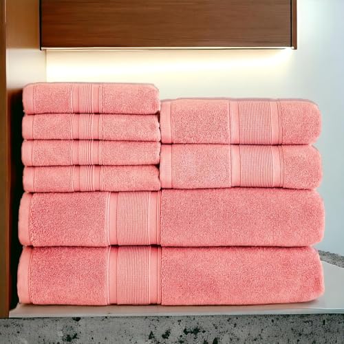 Luzia 8 Piece Bathroom Towel Set - 100% Turkish Cotton, Premium Quality - 2 Bath Towels 2 Hand Towels and 4 Washcloths (Coral) - color: Coral