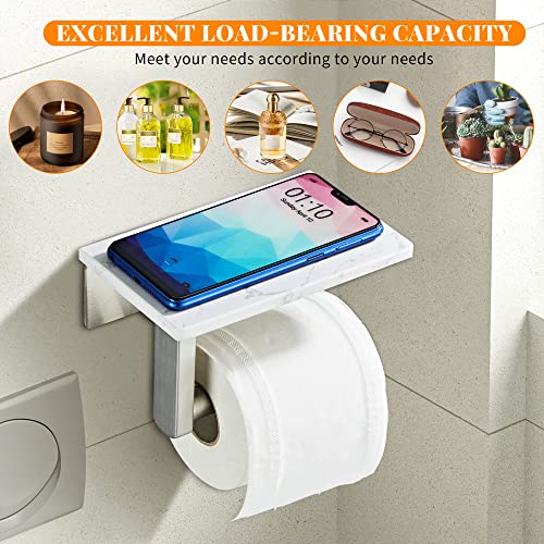 Brushed Nickel Toilet Paper Holder with Marble-Look Shelf, Wall Mounted SUS304 Stainless Steel Toilet Roll Holder with Phone Storage - color: Brushed Nickel