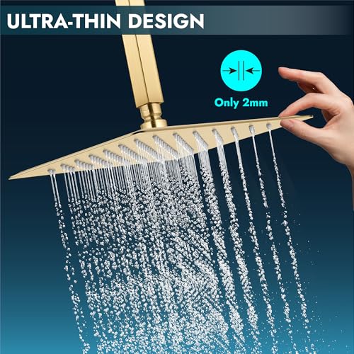 Midanya Square Rain Shower Head,High Pressure,Brushed Gold 12 Inch | 360°Swivel,Ceiling or Wall Mount,Waterfall Full Body Coverage,Bathroom Remodel,Stainless Steel Large Rainfall Shower Head - color: Gold, size: 12 Inch