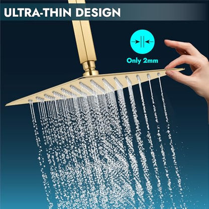 Midanya Square Rain Shower Head,High Pressure,Brushed Gold 12 Inch | 360°Swivel,Ceiling or Wall Mount,Waterfall Full Body Coverage,Bathroom Remodel,Stainless Steel Large Rainfall Shower Head - color: Gold, size: 12 Inch