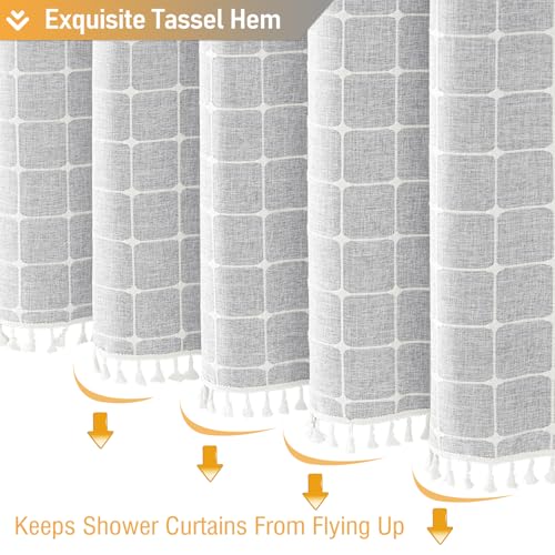 72x78 Boho Farmhouse Linen Heavy Duty Cloth Shower Curtain, Gray/Grey | Long Size, 330GSM Linen Blend, 3-side Tassels, Water Repellent Fabric, 12 Plastic Hooks, Bohemian Style, Machine Washable - color: Grey, size: 72"W x 78"L (Pack of 1)