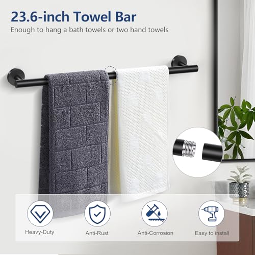 TQKAG 5 Piece Black Bathroom Accessories, 23.6" Bathroom Towel Bar Holder | 23.6" Bathroom Hardware Set, SUS304 Stainless Steel, Double Post Pivoting, Towel Hooks, Toilet Paper Holder Set Wall Mounted - color: Matte Black, size: 5-Pieces Set-B