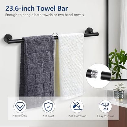 TQKAG Bathroom Hardware Set Black, 5 Piece Bathroom Towel Bar Holder Sets | SUS304 Stainless Steel, 23.6" Toilet Paper Holder with Shelf, Towel Racks for Bathroom Wall Mounted, Matt Black Towel Bars - color: Matte Black, size: 5-Pieces Set-A