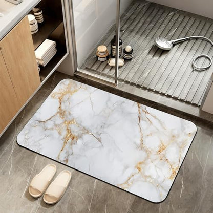 Diatomaceous Earth Bath Mat,White Marble Bath Rugs,Gold Veins Non-Slip Thin Absorbent Fast Drying Easy to Clean for Bathroom Laundry Home Kitchen Door Mat 17x29.5Inch - color: White Marble,gold Veins