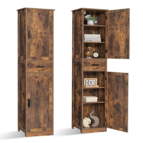 usikey 67'' Tall Storage Cabinet with Adjustable Shelves & 2 Doors, Bathroom Cabinet with 1 Drawer, Narrow Tall Cabinets for Living Room, Home Office, Rustic Brown - color: Rustic Brown