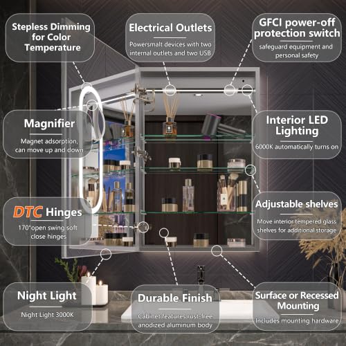 Luxury LED Lighted Medicine Cabinet with Mirror Dimmable, Defogging, 24 inch Commercial Medicine Cabinet, Outlets for Apartments, Hotel, Left Hinge - size: 24"W x 36"H Left
