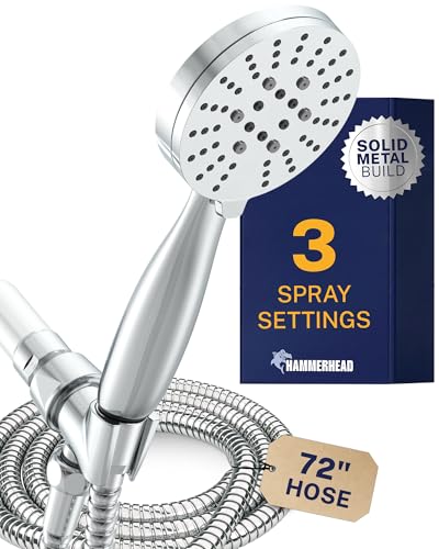 HammerHead Showers® Solid Metal 3-Spray Handheld Shower Head with Long Hose and Holder - CHROME - 2.5 GPM High Pressure Shower Head with Handheld Sprayer - WIDE, MASSAGE, and MIST Sprays - color: Polished Chrome, size: 2.5 GPM Standard