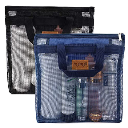 Hommtina 2 Pcs Shower Mesh Caddy Bag Quick Dry Hanging Toiletry and Bath Organizer for Travel and Swimming with Zipper (Dark Blue-Black) - color: Dark Blue-Black