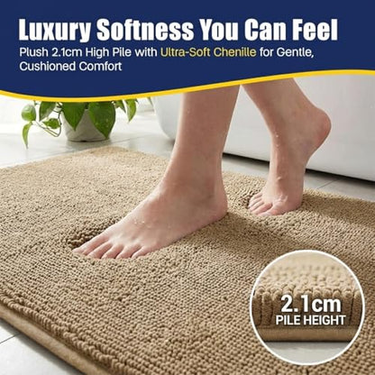 Muddy Mat® CloudStep Bathroom Rugs 2 Piece Set, Non Slip Bath Mats for Bathroom, Absorbent Memory Foam Chenille, Machine Washable Quick Dry Toilet Rug Set, Beige 20"x30" + 20"x20" U-Shaped - color: Beige