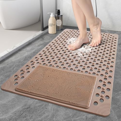 Shower Mat Non Slip: 35.4" x 23.6" Large PVC Heavy Shower Mats for Inside Shower - Quick Dry Shower Foot Scrubber Matt with Drain Hole and Suction Cups for Elderly - color: Khaki