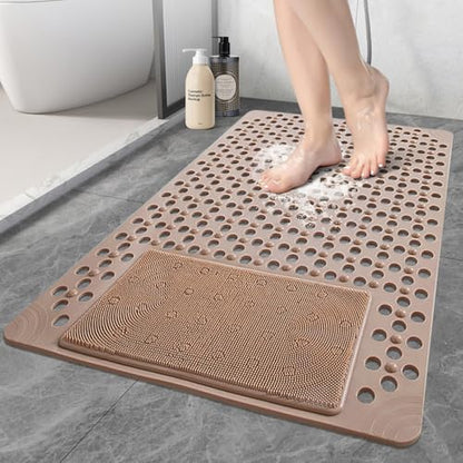 Shower Mat Non Slip: 35.4" x 23.6" Large PVC Heavy Shower Mats for Inside Shower - Quick Dry Shower Foot Scrubber Matt with Drain Hole and Suction Cups for Elderly - color: Khaki