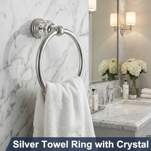 Silver Towel Ring with Crystal, Round Hand Towel Holder for Bathroom | Wall Mounted Stainless Steel Hand Towel Rack, Polished Silver Rustproof Bath Hardware, Fits Modern Luxury Home Kitchen Hotel - color: Silver Towel Ring