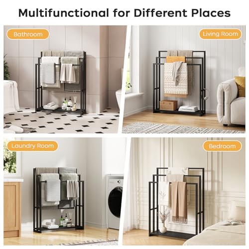 Freestanding Towel Rack, 3 Tier Wide Bamboo Stand with Shelf for Bathroom | 31.5"W × 9.4"D × 39.4"H • Black • Waterproof • Blanket rack • Blanket holder • Ventilated • Bottom shelf • Anti-tip - color: Black