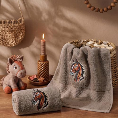SmoothNovelty 2 Pcs Horse Hand Towels Brown Bathroom Decor 14x29 Inch Embroidered 100% Cotton Soft Absorbent Spring Summer Decorative Hand Towels for Bathroom Kitchen - style: Horse