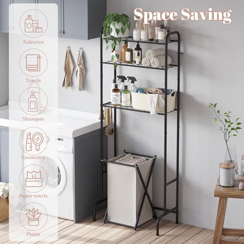 STDDRE 3-Tier Over The Toilet Storage Space Saver with Paper Holder Freestanding Rack Metal Bathroom Shelves with Hooks Above The Toilet Storage Shelf (Black, 3 Tier) - color: Black