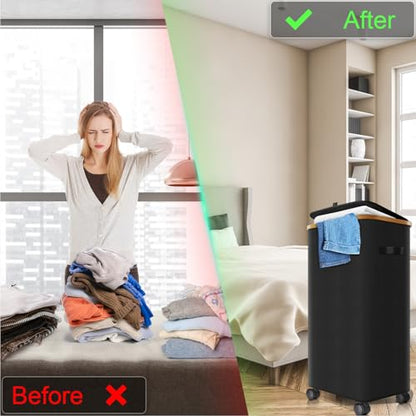 Laundry Hamper with Wheels,20 Gal (75L) Laundry Basket with lid Rolling Clothes Hamper Foldable Dirty Clothes Basket on wheels with Bamboo Frame and Bag for Bedroom, Dorm, Laundry Room-Black | Clothes Hampers for Laundry with Inner Bag, Dirty Clothes Hamp