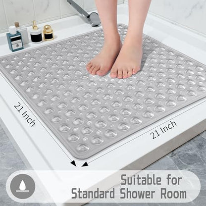 Yimobra Shower Mat 21X21 Inch Square, Non Slip Bathtub Mat with Large Suction Cups&Drain Holes, Soft Fast Dry Shower Stall Mats for Inside Shower, Machine Washable BPA-Free,Bath Essentials, Clear Gray - color: Clear Gray, size: 21 x 21 inches