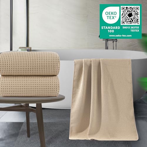 POLYTE 430 GSM Poly Blend Microfiber Waffle Bath Sheet XL Set, 35x70 in | 2 Pack, Oversize, Lint Free, Quick Dry - color: Beige, size: X Large