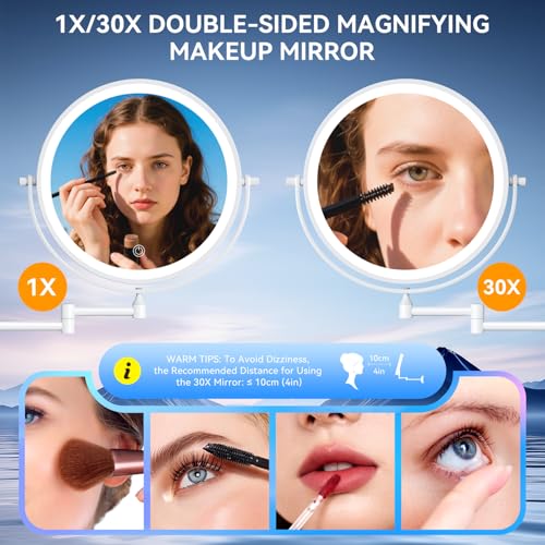 Auxmir 9″ 5000mAh 1X/30X Wall Mounted Lighted Magnifying Makeup Mirror | Power Adapter&2 Tweezers Included/ 3 Dimmable Colors/ Dual Sided Button Control/ Rechargeable/ 360° Rotation Extended Arm - color: 9'' 30x-white+adapter