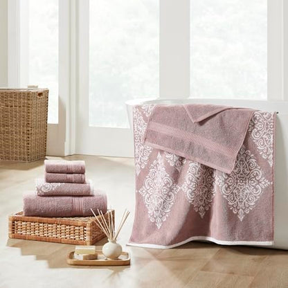 Modern Threads 6 Piece Reversible Yarn Dyed Jacquard Towel Set Artesia Damask Woodrose - color: Woodrose
