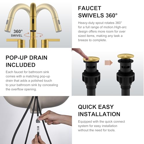 Brushed Gold Centerset 2 Handle Bathroom Faucet with Pull Out Sprayer | Pull Down Bathroom Faucet with Pop Up Drain & Supply Lines, Lead-Free cUPC & NSF Certified, 3 Hole Faucet for Vanity RV Bar - color: Brushed Gold