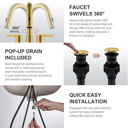 Brushed Gold Centerset 2 Handle Bathroom Faucet with Pull Out Sprayer | Pull Down Bathroom Faucet with Pop Up Drain & Supply Lines, Lead-Free cUPC & NSF Certified, 3 Hole Faucet for Vanity RV Bar - color: Brushed Gold