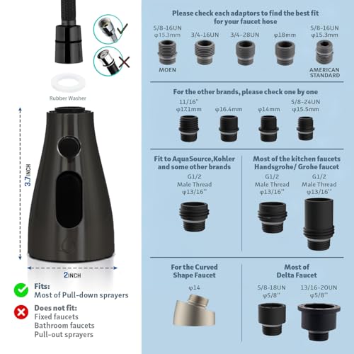 EcoKitchen5Stars Pull-Down Kitchen Faucet Head Replacement, 3-Function Sprayer, G1/2 Thread (13/16 in OD) with 15 Adapters, for Standard Threaded Hoses, Not for Magnetic Dock Faucets, Matte Black - color: Matte Black