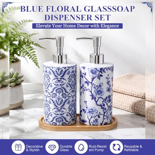 2 Pcs Chinoiserie Floral Soap Dispensers with Wooden Tray | Glass Soap Dispensers, Refillable, Decorative Pump Bottles, for Bathroom, Kitchen, Countertop Decor