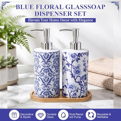 2 Pcs Chinoiserie Floral Soap Dispensers with Wooden Tray | Glass Soap Dispensers, Refillable, Decorative Pump Bottles, for Bathroom, Kitchen, Countertop Decor